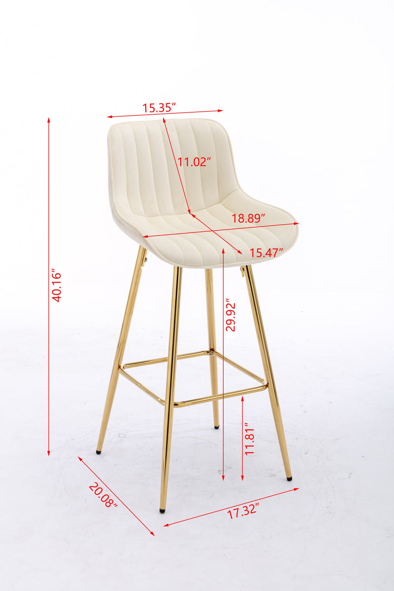 30 inch Set of 2 Bar Stools, with Chrome Footrest Velvet Fabric Counter Stool Golden Leg Simple High Bar Stool, CREAM