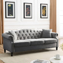 79" Chesterfield Sofa Grey Velvet for Living Room, 3 Seater Sofa Tufted Couch with Rolled Arms and Nailhead for Living Room, Bedroom, Office, Apartment, two pillows