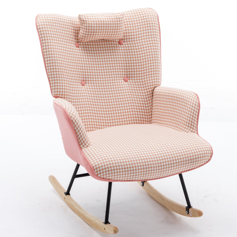 35.5 inch Rocking Chair, Soft Houndstooth Fabric Leather Fabric Rocking Chair for Nursery, Comfy Wingback Glider Rocker with Safe Solid Wood Base for Living Room Bedroom Balcony (pink)