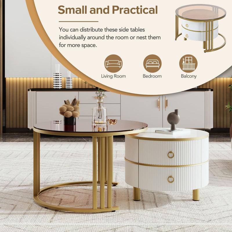 27.5" & 19.6" Stackable Coffee Table with 2 Drawers, Nesting Tables with Brown Tempered Glass and High Gloss Marble Tabletop, Set of 2, Round Center Table for Living Room, White