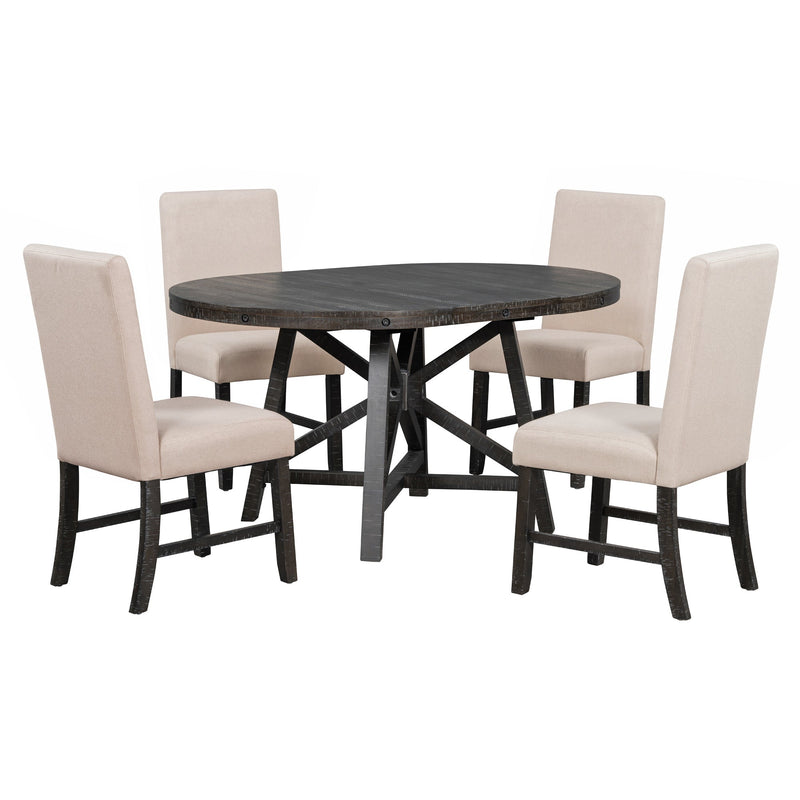 5-Piece Retro Functional Dining Set with Extendable Round Table with Removable Middle Leaf and 4 Upholstered Chairs for Dining Room and Living Room (Black)