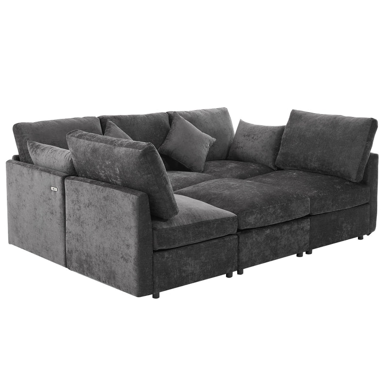 85.4' Sectional Sofa Modular Sofa U-shaped Sofa Couch Sofa Bed L-shaped Sofa with a Movable Ottoman and Two USB Ports for Living Room, Black