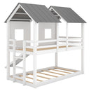 Twin Over Twin House Bunk Bed With Slide And Windows - White / Gray by HouseOfZazla