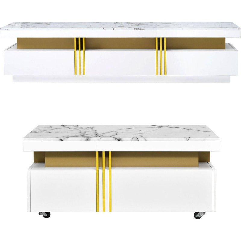 Modern Luxury TV Stand and Coffee Table Set of 2, High Gloss Faux Marble Top, TV Stand for TVs Up to 78", Rectangle Coffee Table with Caster Wheels for Living Room, White