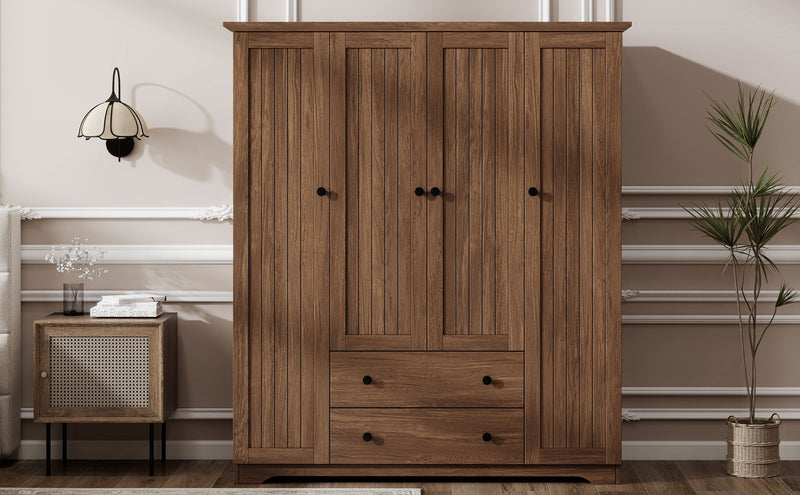 4 Door Wardrobe Armoire Closet with 2 Drawers, Brown