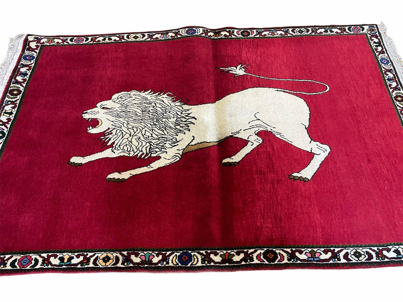4 X 6 Handmade Hand-Knotted Quality Wool Rug Zagros Lion Red Ivory Tribal Rug