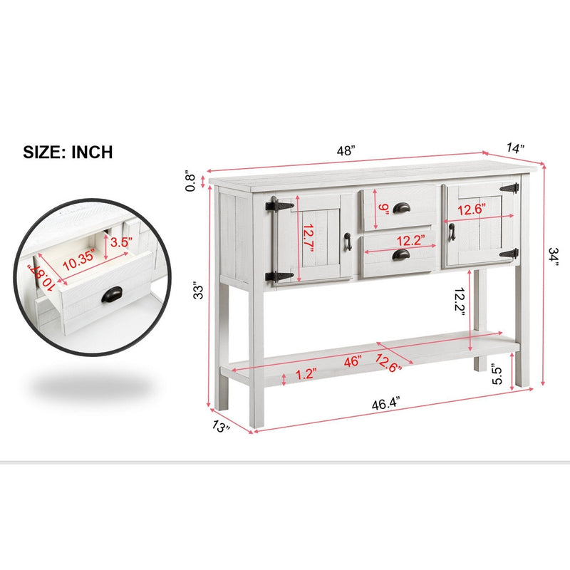 48" Solid Wood Sideboard Console Table with 2 Drawers and Cabinets and Bottom Shelf, Retro Style Storage Dining Buffet Server Cabinet for Living Room Kitchen Dining Room (Antique White