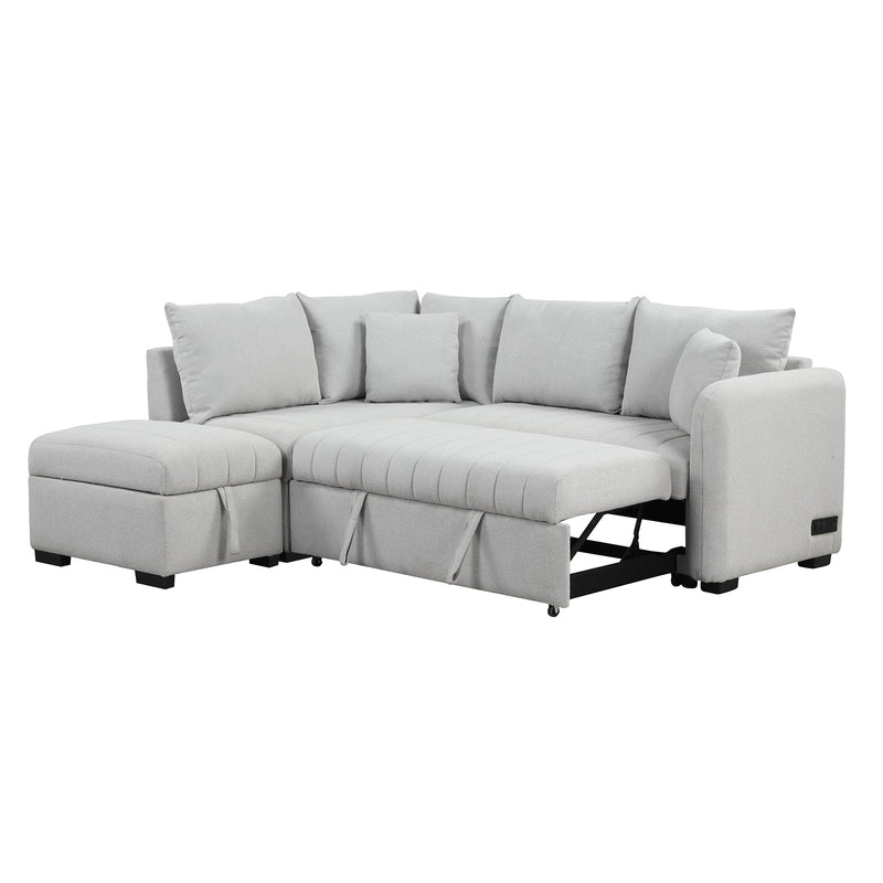 82.6" L-shaped Sectional Pull Out Sofa Bed Sleeper Sofa with Two USB Ports, Two Power Sockets and a Movable Storage Ottoman, Gray