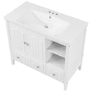 36" Bathroom Vanity with Ceramic Basin, Bathroom Storage Cabinet with Two Doors and Drawers, Solid Frame, Metal Handles, White