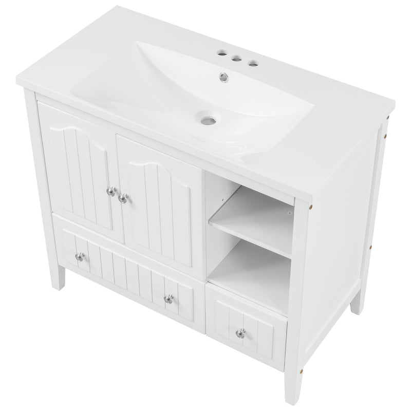36" Bathroom Vanity with Ceramic Basin, Bathroom Storage Cabinet with Two Doors and Drawers, Solid Frame, Metal Handles, White