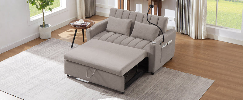 55.9" Convertible Sofa Bed Loveseat Sofa with Three USB Ports, Two Side Pockets, Two Cup Holders and 360Swivel Phone Holder for Living Room, Light Grey
