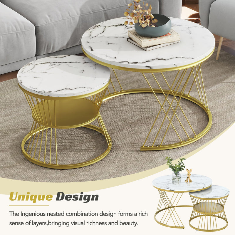 27.5" & 17.7" Nesting Coffee Table with Marble Grain Table Top, Golden Iron Frame Round Coffee Table, Set of 2, for Living Room, Balcony, White