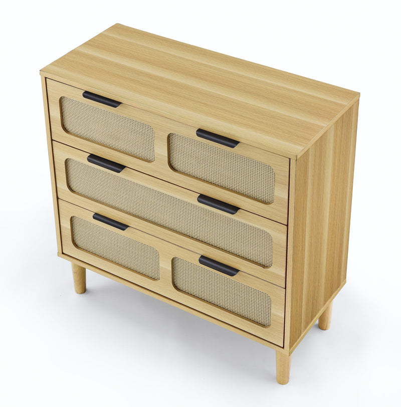 3 drawer dresser, modern rattan dresser cabinet with wide drawers and metal handles, farmhouse wooden storage chest of drawers for room, living room, hallway, entrance, office