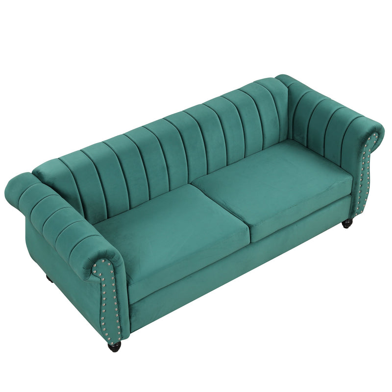82.5" Modern Sofa Dutch Fluff Upholstered sofa with solid wood legs, buttoned tufted backrest,green