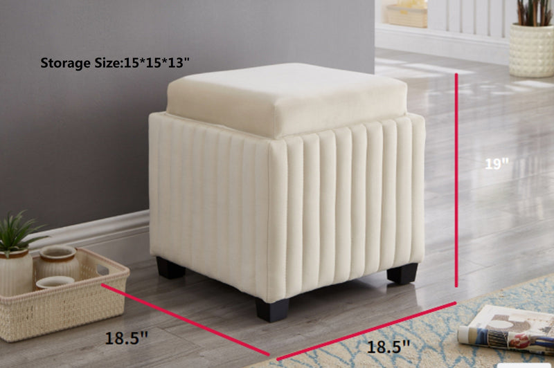 18 Inch Wide Contemporary Square CubeStorage Ottoman Bench, Storage Bench with coffee tray,coffee table for Living Room Ottoman foot rest for Bedroom End of Bed, BEIGE velvet fabric in modern SAWING