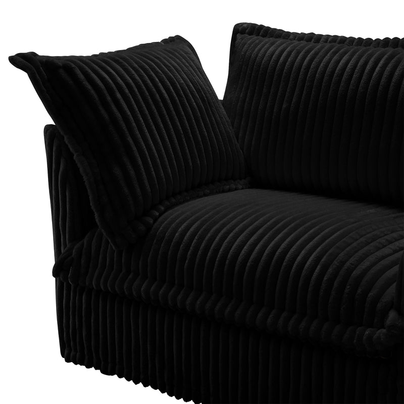 L-Shaped Slipcovered Sectional Sofa Couch, Comfy Deep Seat Cloud Couch with Convertible Ottoman & 2 Big Pillows, Modern Oversized 3 Seater Slipcovered Sofa Set for Living Room Office, Black Corduroy