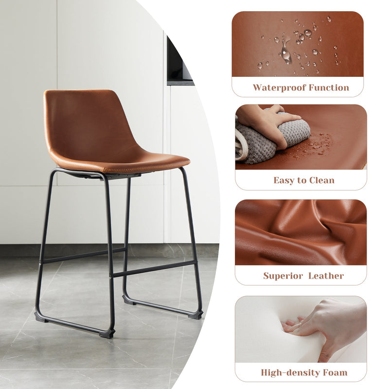 26 inch Counter Height Bar Stools Set of 2 Leather Barstool with Back and Metal Leg Modern Bar Stools for Kitchen Island Pub Living Room