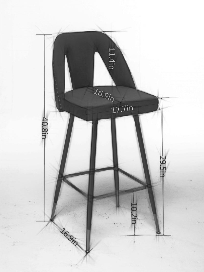 Akoya Collection Modern Contemporary Velvet Upholstered Connor 28" Bar Stool & Counter Stools with Nailheads and Gold Tipped Black Metal Legs, Set of 2 (Gray)