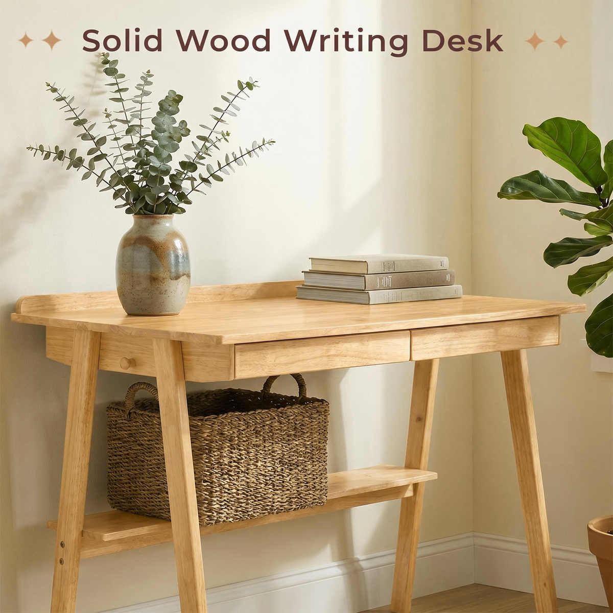 Solid Wood Writing Desk with 2 Drawers & Storage Shelf, photo 10 of 10