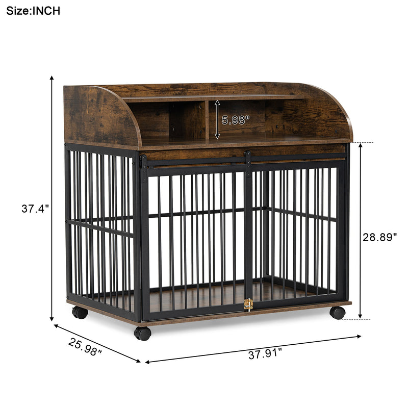 38" Heavy Duty Dog Crate Furniture for Medium Dog with Lockable Wheels, Wooden Dog Crate Dog Kennel, End Table Crate with Double layer storage, Brown