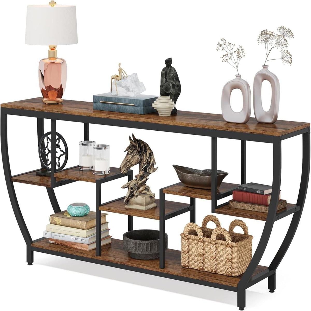 Extra Long Entryway Console Sofa Table With 7 Tier Shelves - Brown / Black, photo 2 of 10