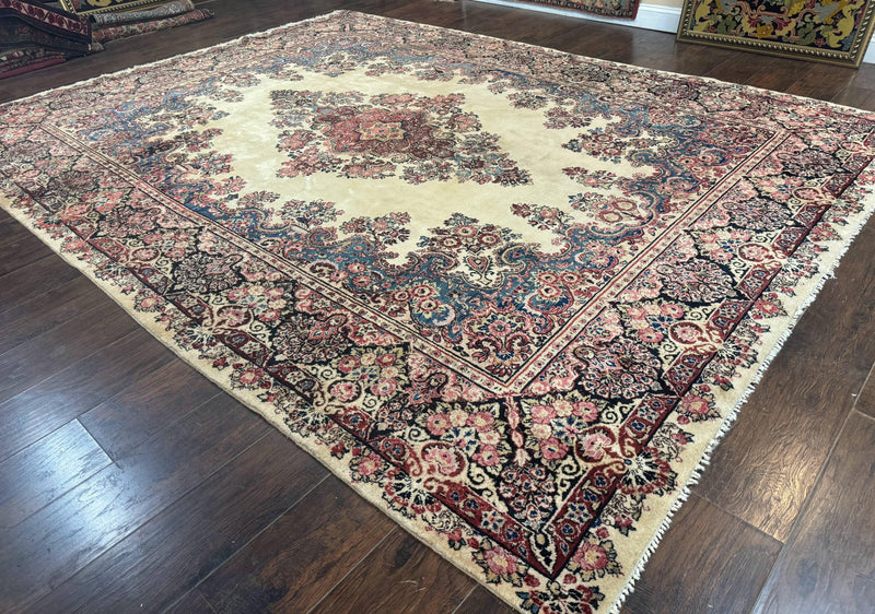 Persian Sarouk Rug 9x12, Ivory & Blue, Semi Open Field