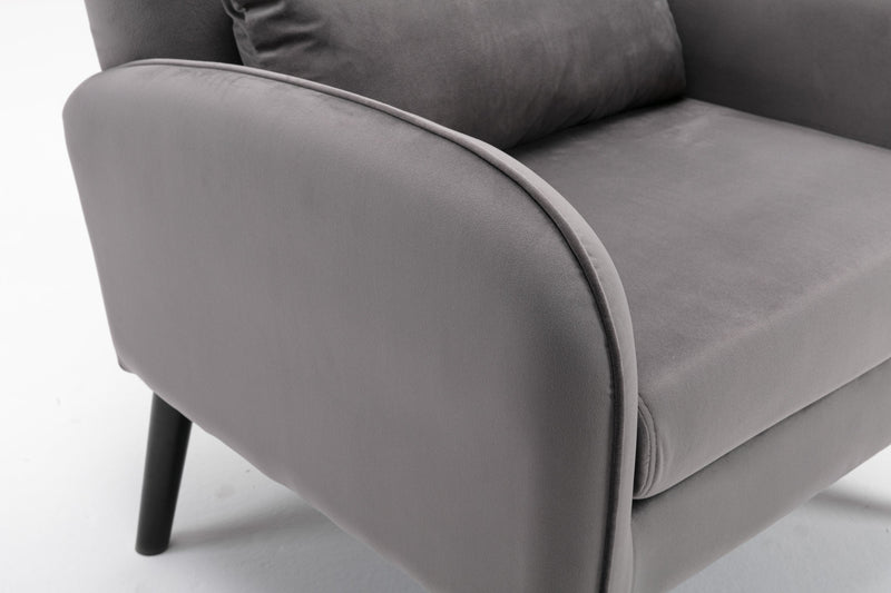 Accent chair, KD solid wood legs with black painting. Fabric cover the seat. With a cushion.