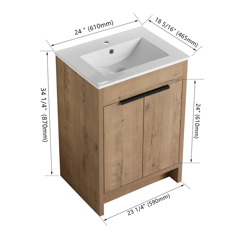 24" Freestanding Bathroom Vanity with White Ceramic Sink & 2 Soft-Close Cabinet Doors ((KD-PACKING),BVB02424IMO-G-