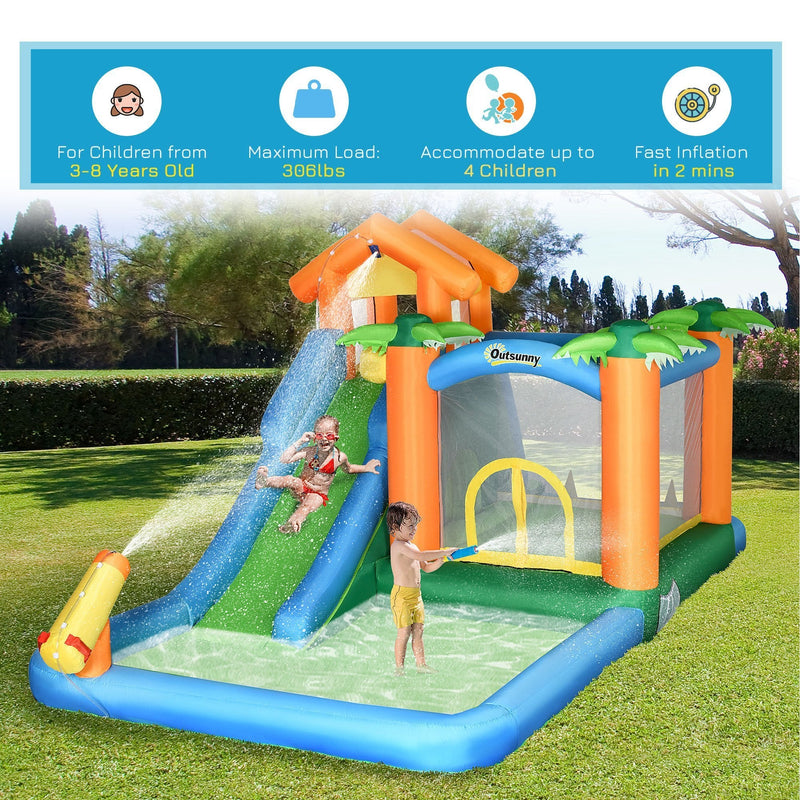 6-in-1 Tropical Inflatable Water Slide Summer Theme Jumping Castle Includes Floating Ball Slide Trampoline Pool Cannon Climbing Wall with Carry Bag, Repair Patches and 450W Air Blower