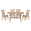 6-Piece Retro 59"L Rectangular Dining Table Set, Table with Unique Legs and 4 Upholstered Chairs & 1 Bench for Dining Room and Kitchen (Natural Wood Wash)
