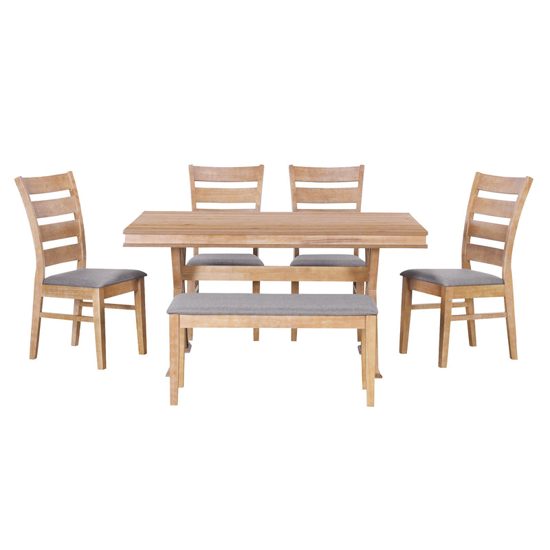 6-Piece Retro 59"L Rectangular Dining Table Set, Table with Unique Legs and 4 Upholstered Chairs & 1 Bench for Dining Room and Kitchen (Natural Wood Wash)