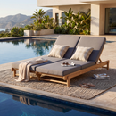 Light Teak Acacia Wood Double Chaise Lounger Set