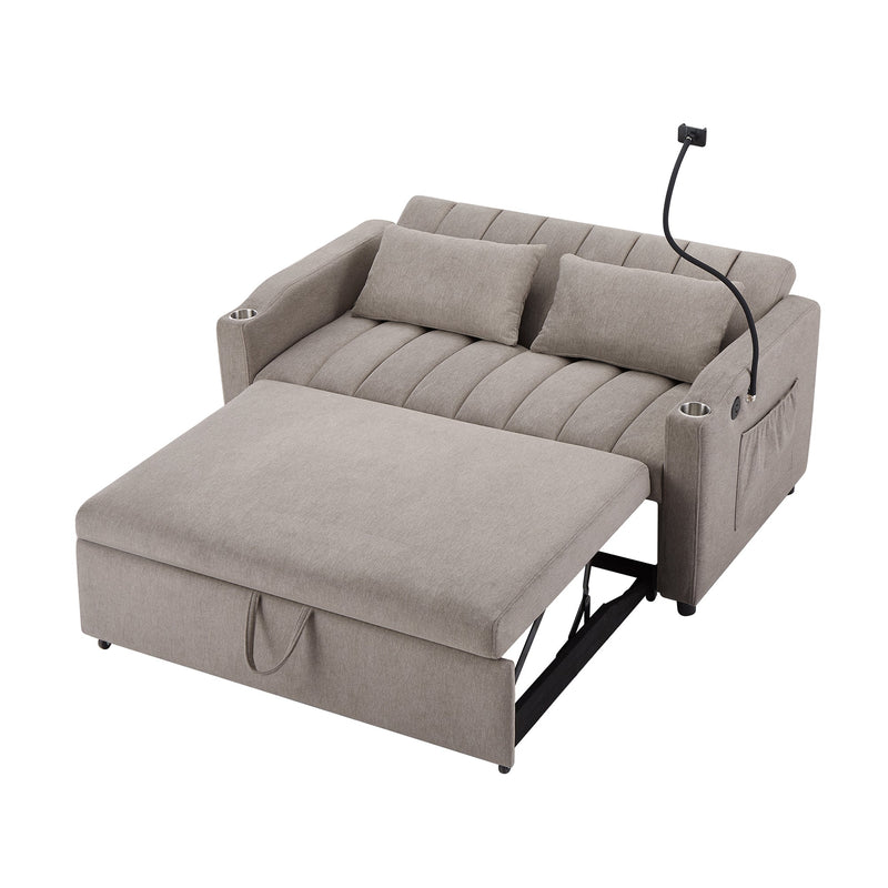 55.9" Convertible Sofa Bed Loveseat Sofa with Three USB Ports, Two Side Pockets, Two Cup Holders and 360Swivel Phone Holder for Living Room, Light Grey