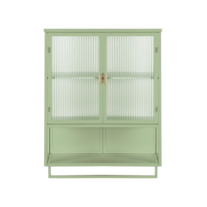 23.62"Glass Doors Modern Two-door Wall Cabinet with Featuring Two-tier Enclosed Storage, an Open Shelf, and Towel Rack, for Entryway Living Room Bathroom Dining Room,Green