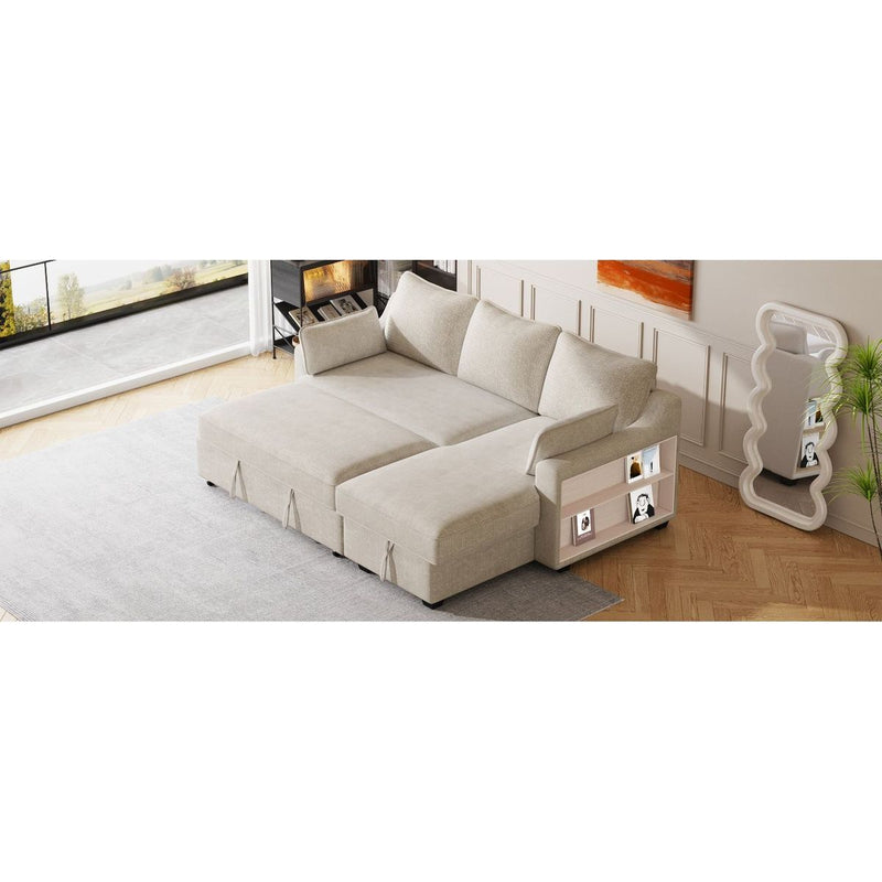 90" Pull Out Sleeper Sofa L-Shaped Couch Convertible Sofa Bed with Storage Chaise, Storage Racks and USB Ports (SG001340AA), Beige