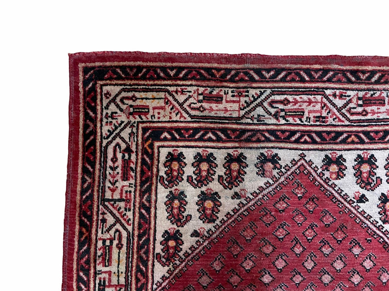 4 X 6.5 Antique Handmade Wool Rug Paisley Boteh Design Tribal Rug Red Ivory