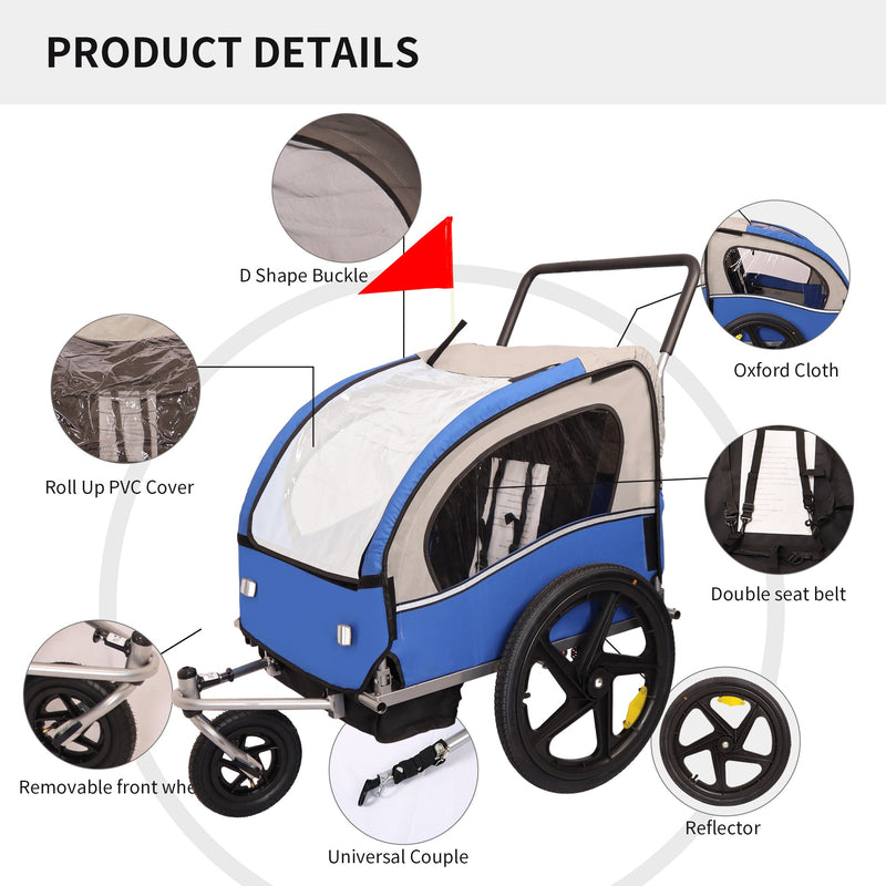 2-in-1 Double 2 Seat Bicycle Bike Trailer Jogger Stroller for Kids Children Foldable Collapsible w/Pivot Front Wheel