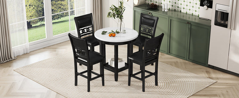 5-piece Counter Height Dining Round Table Set with One Faux Marble Top Dining Table and Four PU-leather Chairs,Dark Espresso