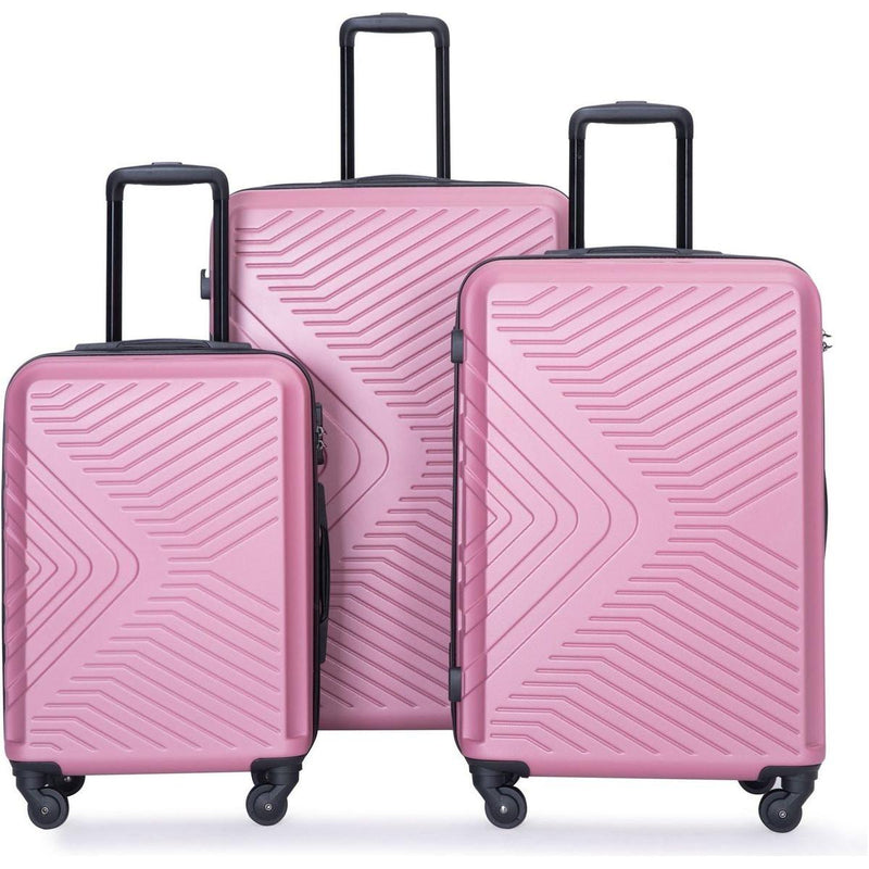 3 Piece Luggage Sets ABS Lightweight Suitcase with Two Hooks, Spinner Wheels, TSA Lock, (20/24/28), Pink