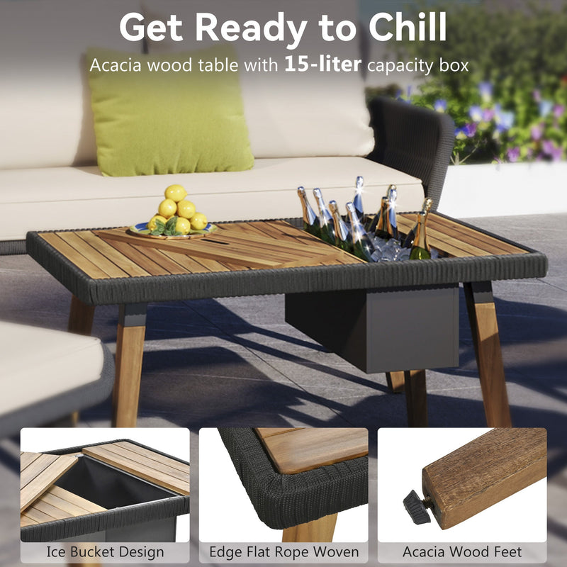 6-Piece Rope Patio Furniture Set, Outdoor Furniture with Acacia Wood Cool Bar Table with Ice Bucket, Deep Seat Patio Conversation Set with Two Stools for Backyard Porch Balcony (Black & Beige)