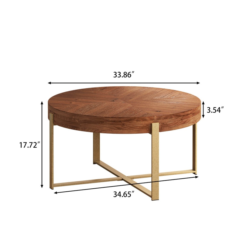 33.86"Modern Retro Splicing Round Coffee Table,Fir Wood Table Top with Gold Cross Legs Base