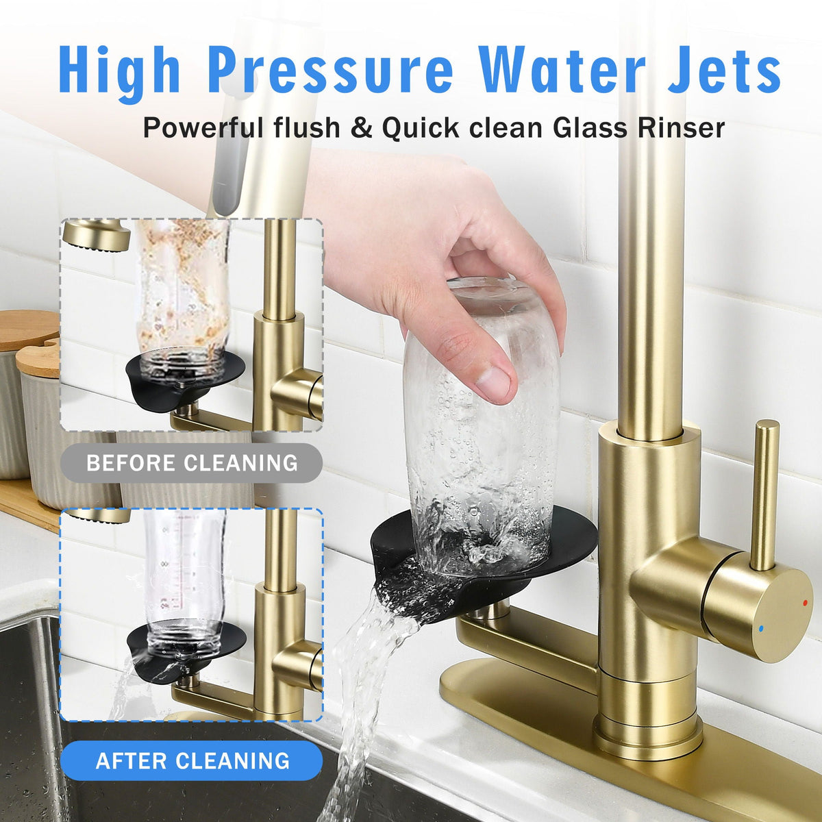 3 In 1 Kitchen Faucet With Press Type Glass Rinser, High Arc Pull Down Sprayer, photo 6 of 28
