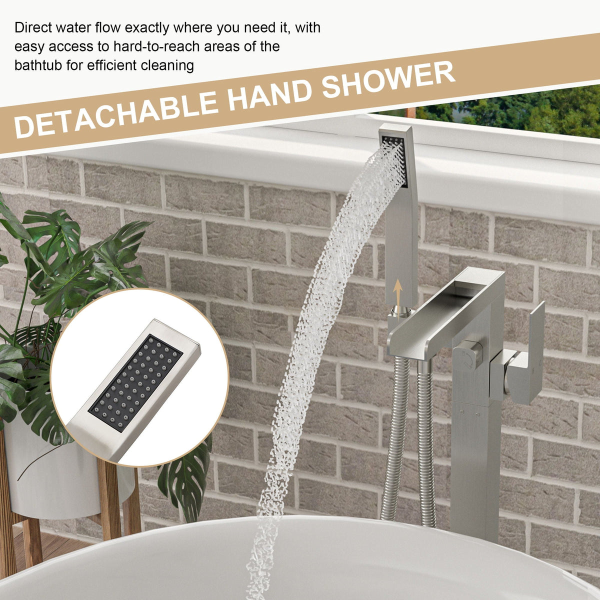 Freestanding Bathtub Faucet Waterfall Tub Filler Floor Mount Solid Brass With Hand Shower - Brushed Nickel, photo 3 of 9