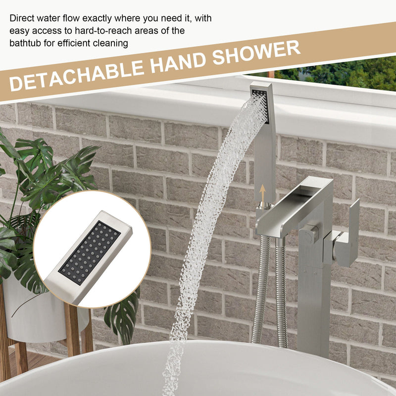 Freestanding Bathtub Faucet Waterfall Tub Filler Floor Mount Solid Brass With Hand Shower - Brushed Nickel, photo 3 of 9