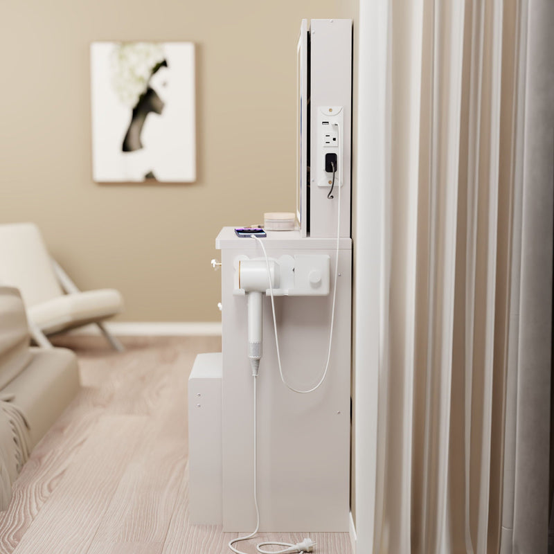 Cabinet Vanity Table & Cushioned Stool, USB Power Station, Hair Dryer Bracket - White, photo 4 of 12
