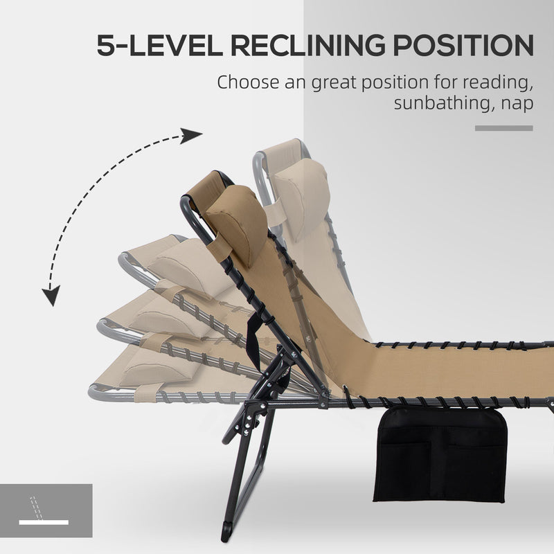 2 Piece Folding Chaise Lounge with 5-level Reclining Back, Outdoor Tanning Chair with Reading Face Hole, Outdoor Lounge Chair with Side Pocket & Headrest for Beach, Yard, Patio, Beige