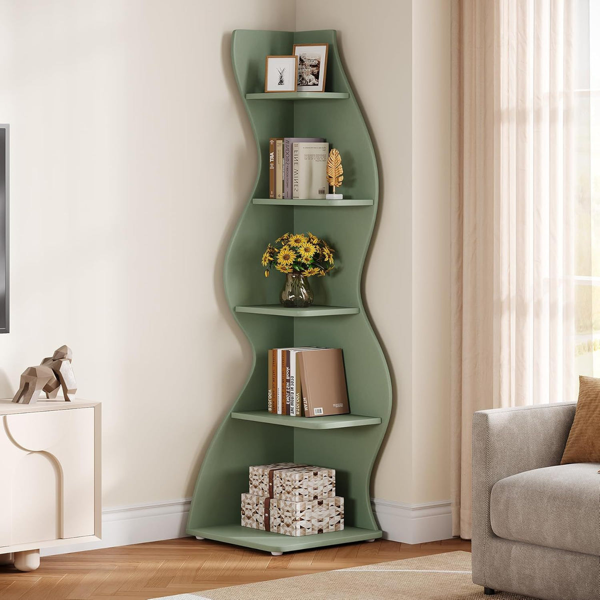 5 Tier Wavy Corner Bookshelf And Plant Stand For Living Room, photo 9 of 24