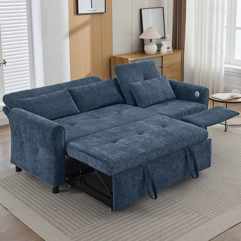 2-in-1 Sofa 82' Three-seater Sofa with Sofa Bed and Reversible Recliner, Blue Chenille