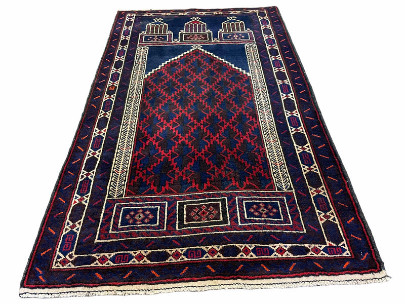 3x5 Vintage Handmade Tribal Wool Rug Balouchi Prayer Rug Afghan Rug Red Blue Wow