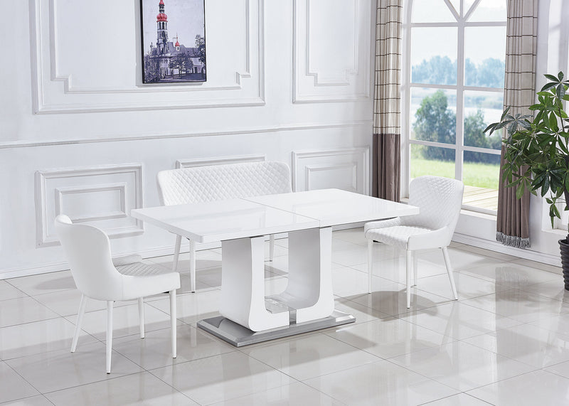 63"/78.7" Extendable Dining Table with Butterfly Leaf, High Gloss Lacquer Coating and Pedestal Base in White/Chrome